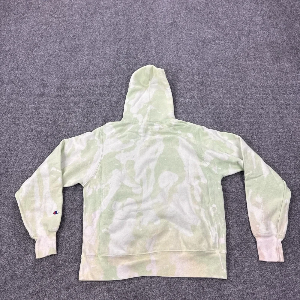 Champion Reverse Weave Hoodie Mens Small Green Bleach Dye Fleece Pullover